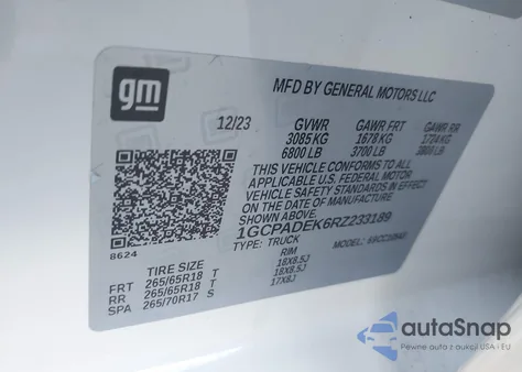 2024 Chevrolet Silverado 1500 2Wd Short Bed Rst z USA, uszkodzony, nr VIN 1GCPADEK6RZ233189